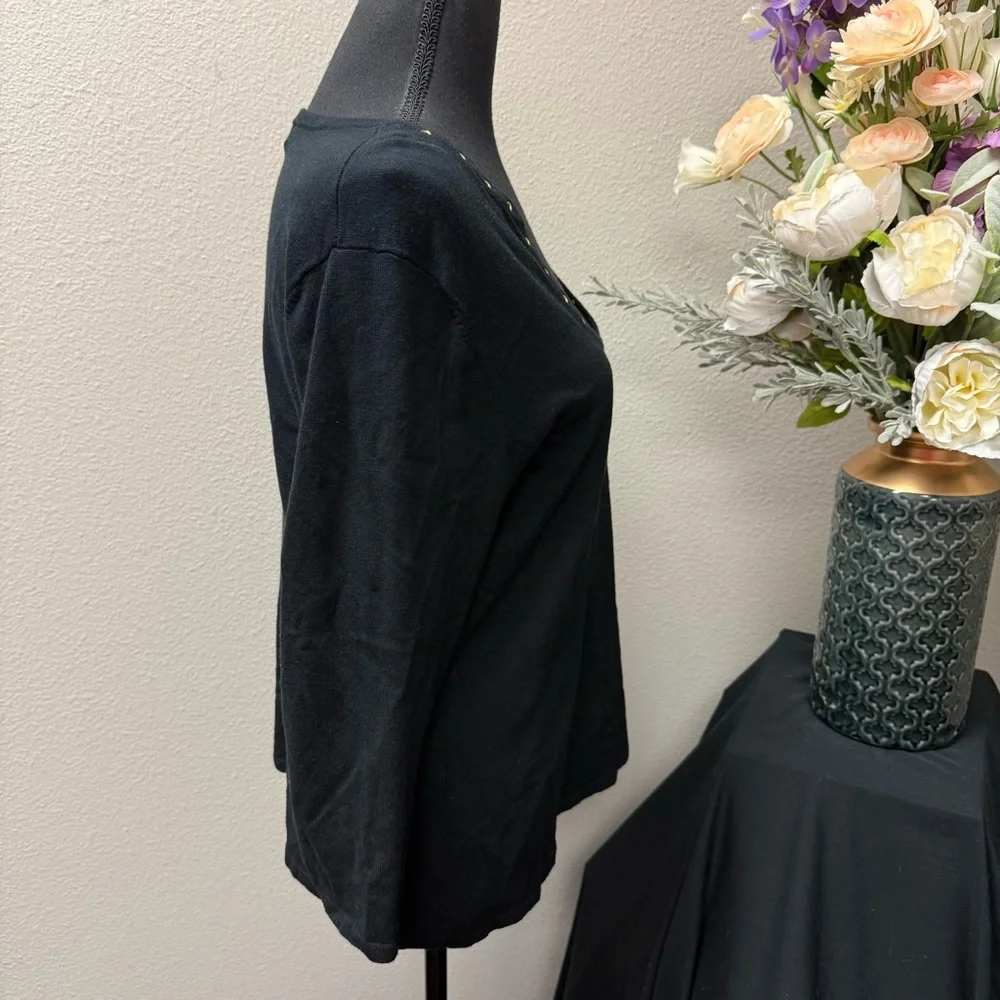 Cable & Gauge Black Scoop Neck Grommet Trim Top L 3/4 Sleeve Stretch Knit - Picture 5 of 8